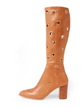 Akhila Tan Leather Knee High Boots