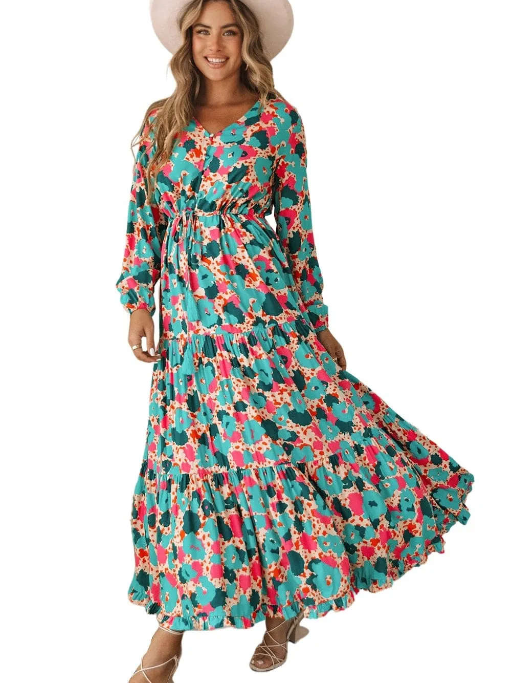 Bohemian V Neck Drawstring Maxi Dress with Ruffle Details