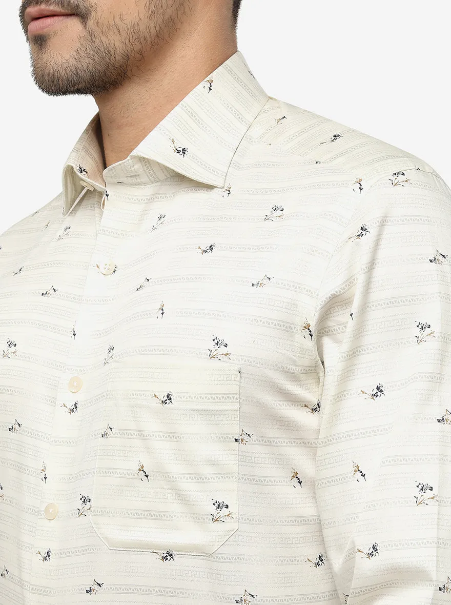 Cream Printed Slim Fit Formal Shirt | Metal