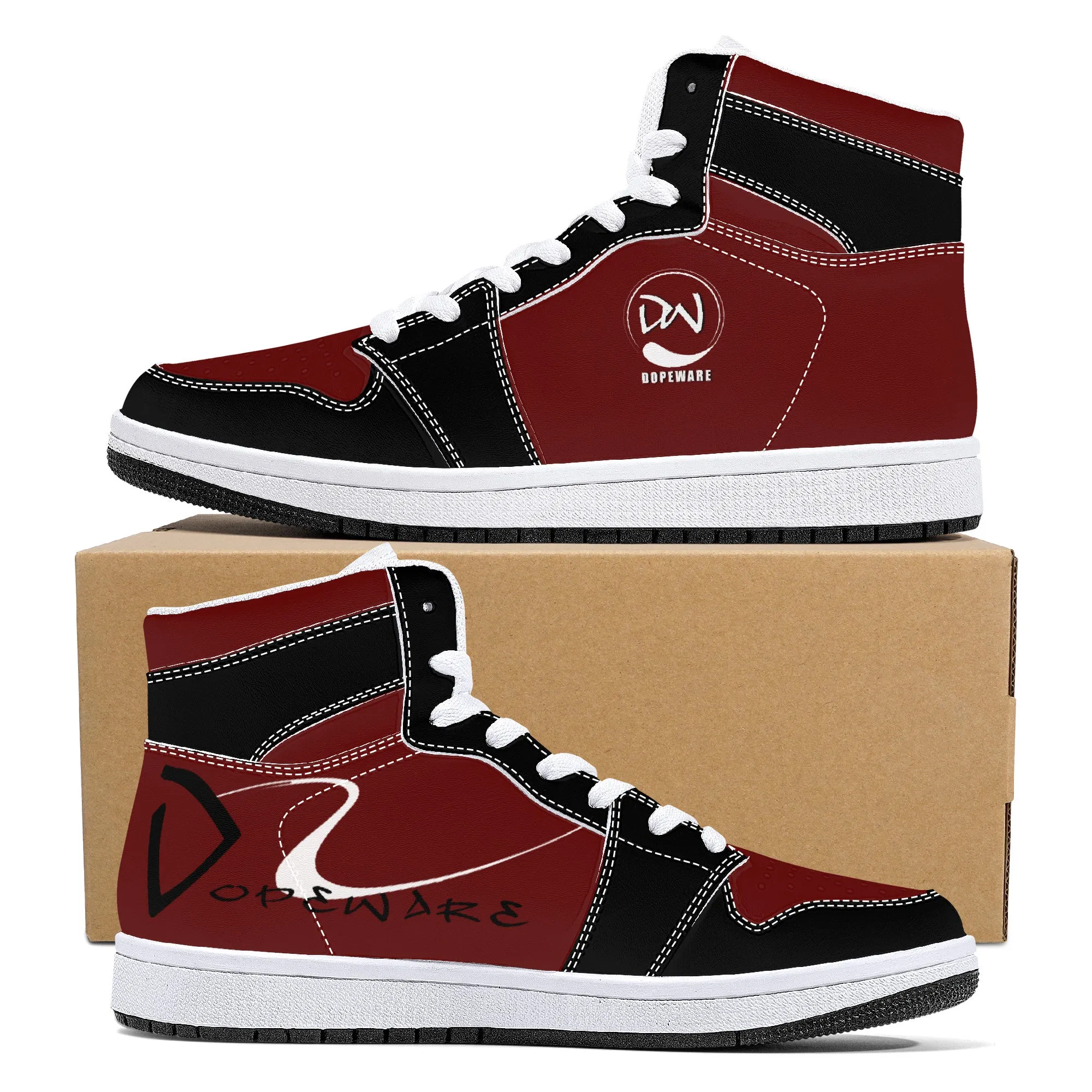 D16 High-Top Leather Sneakers - Burgundy and Black