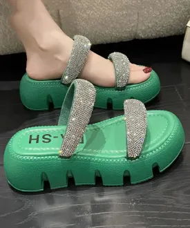 Elegant Splicing Platform Slide Sandals Peep Toe Green Zircon LY8245