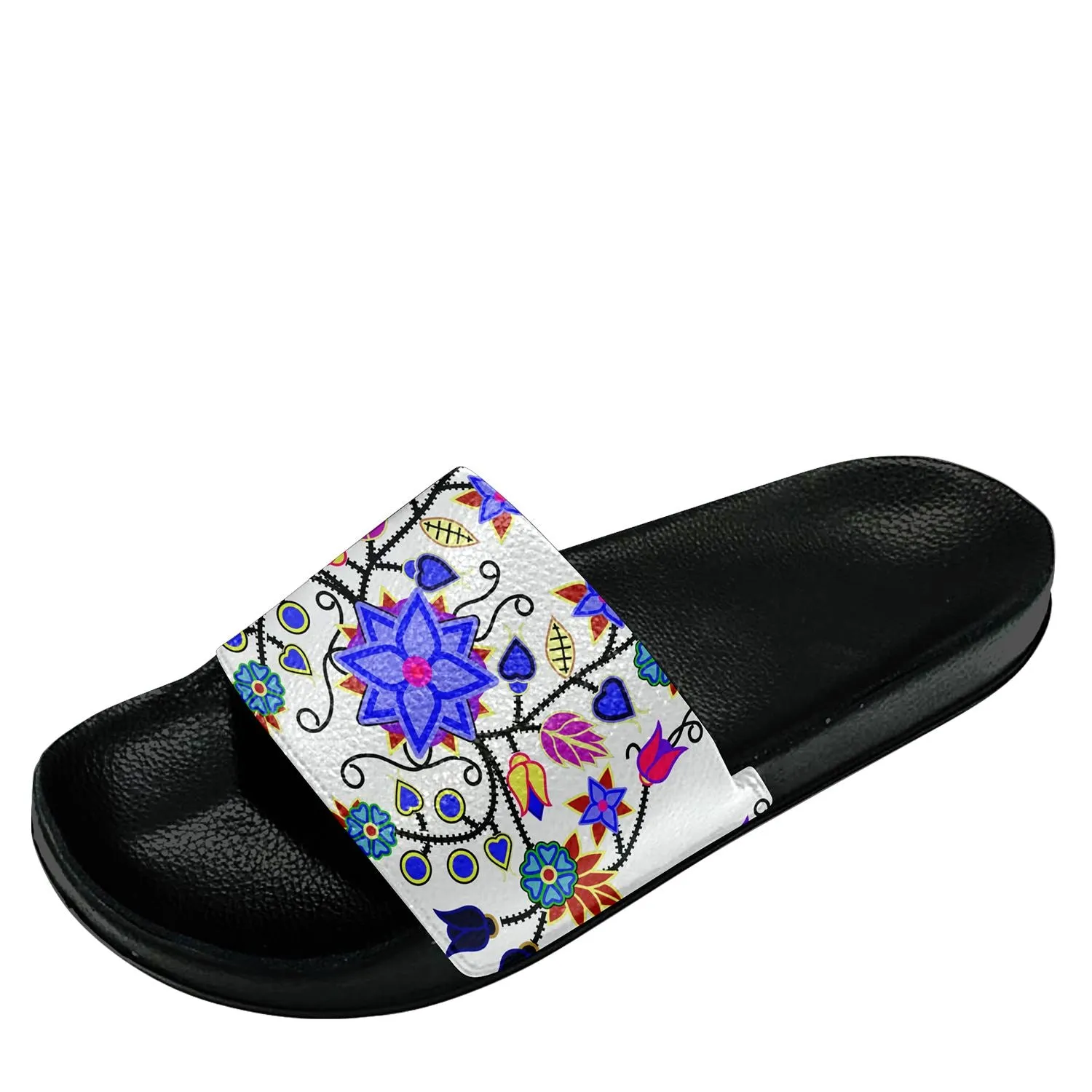 Floral Beadwork Seven Clans White Slide Sandals