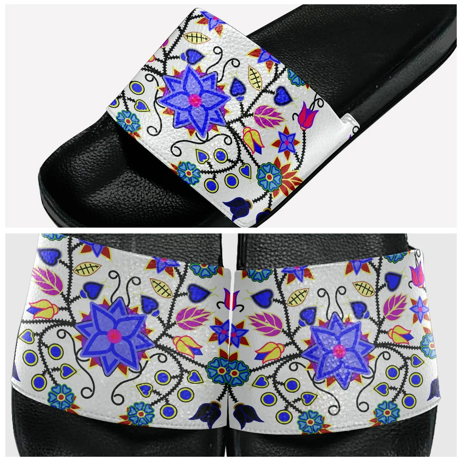 Floral Beadwork Seven Clans White Slide Sandals