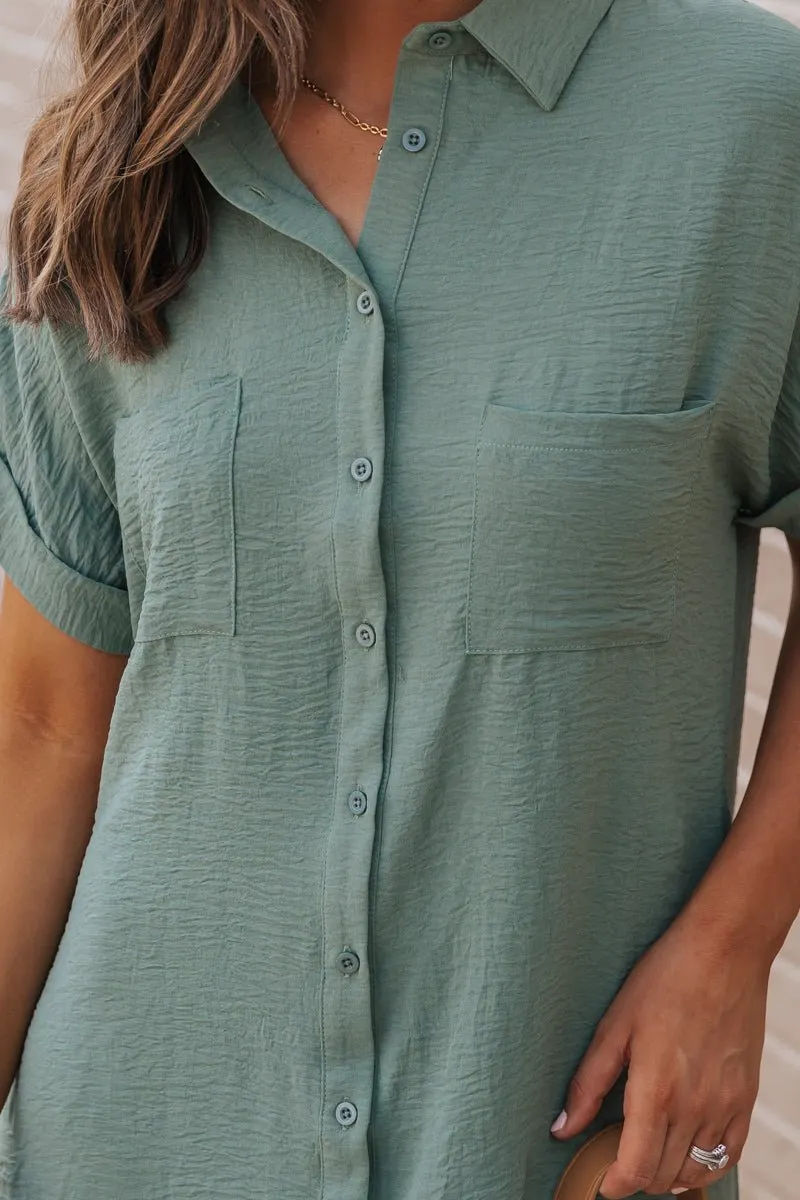 Green Button Up Shirt Dress - DOORBUSTER