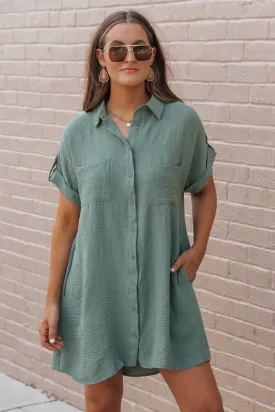 Green Button Up Shirt Dress - DOORBUSTER