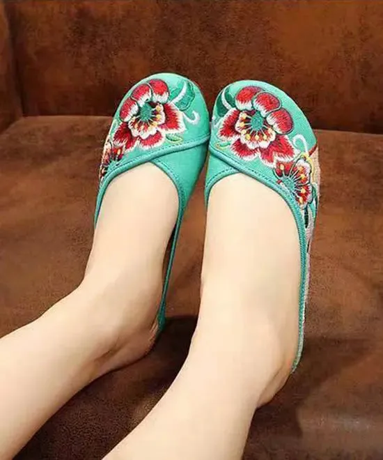 Green Cotton Fabric Retro Embroidery Splicing Slide Sandals ML1037