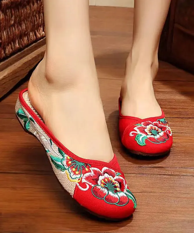 Green Cotton Fabric Retro Embroidery Splicing Slide Sandals ML1037