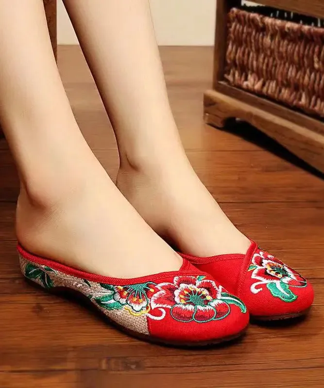 Green Cotton Fabric Retro Embroidery Splicing Slide Sandals ML1037