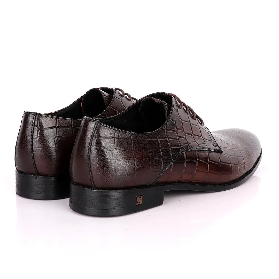 John Foster Full Croc Design Leather Derby Men's Shoes-Coffee