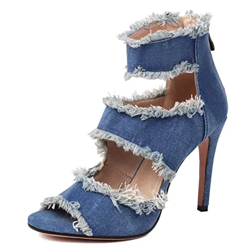 Latasa Denim High Heels Sandals for Women Peep Toe Heels Jean Heels Sandals Shoes Denim Shoes for Women's Ankle Strap Fashion Summer Sandal Heels(9,Blue)