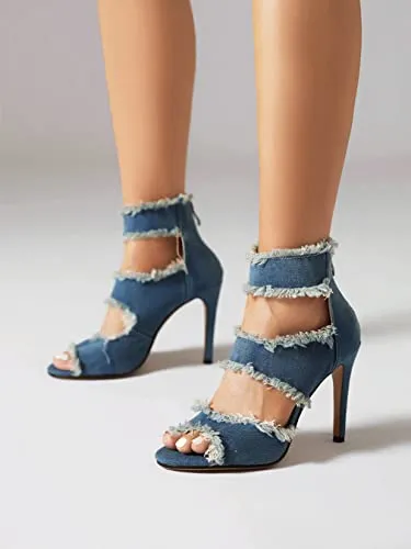 Latasa Denim High Heels Sandals for Women Peep Toe Heels Jean Heels Sandals Shoes Denim Shoes for Women's Ankle Strap Fashion Summer Sandal Heels(9,Blue)