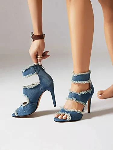 Latasa Denim High Heels Sandals for Women Peep Toe Heels Jean Heels Sandals Shoes Denim Shoes for Women's Ankle Strap Fashion Summer Sandal Heels(9,Blue)