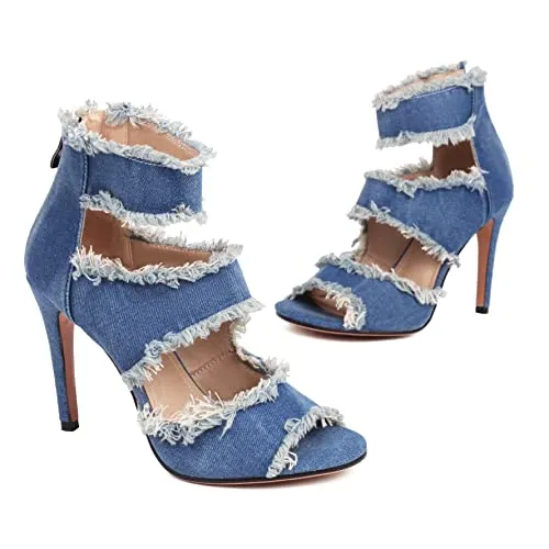 Latasa Denim High Heels Sandals for Women Peep Toe Heels Jean Heels Sandals Shoes Denim Shoes for Women's Ankle Strap Fashion Summer Sandal Heels(9,Blue)