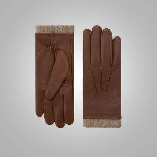 Men's Brown Deerskin Leather Gloves with Cashmere Lining