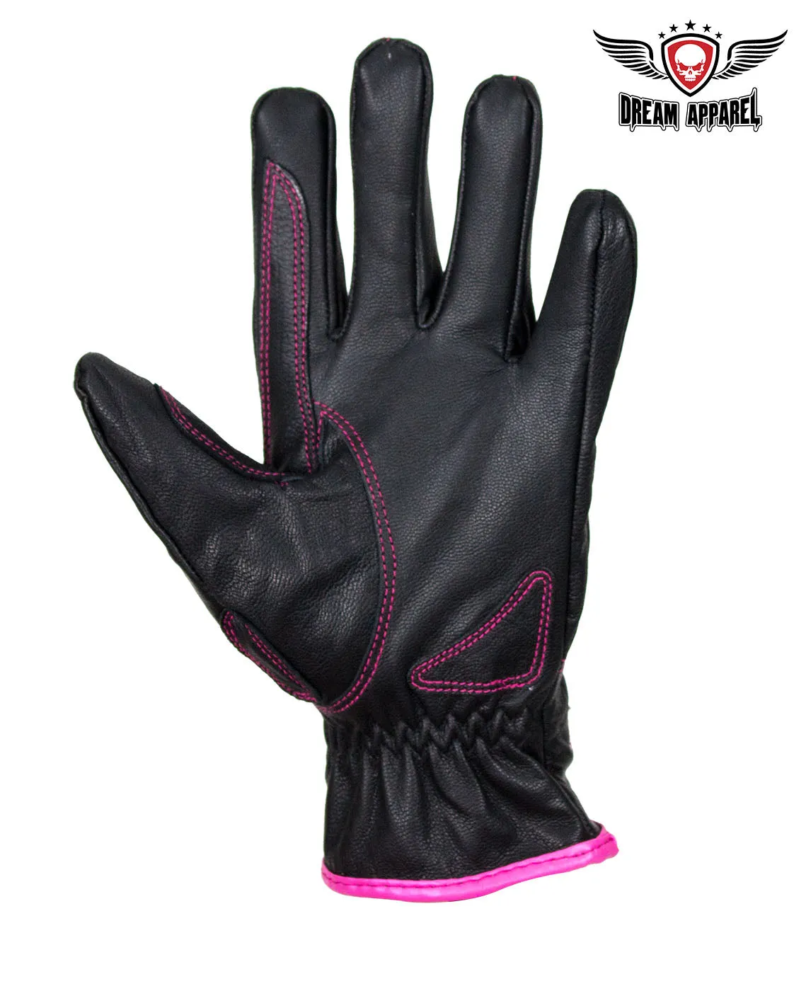 Pink-Rose Graphic Embroidered Leather Gloves