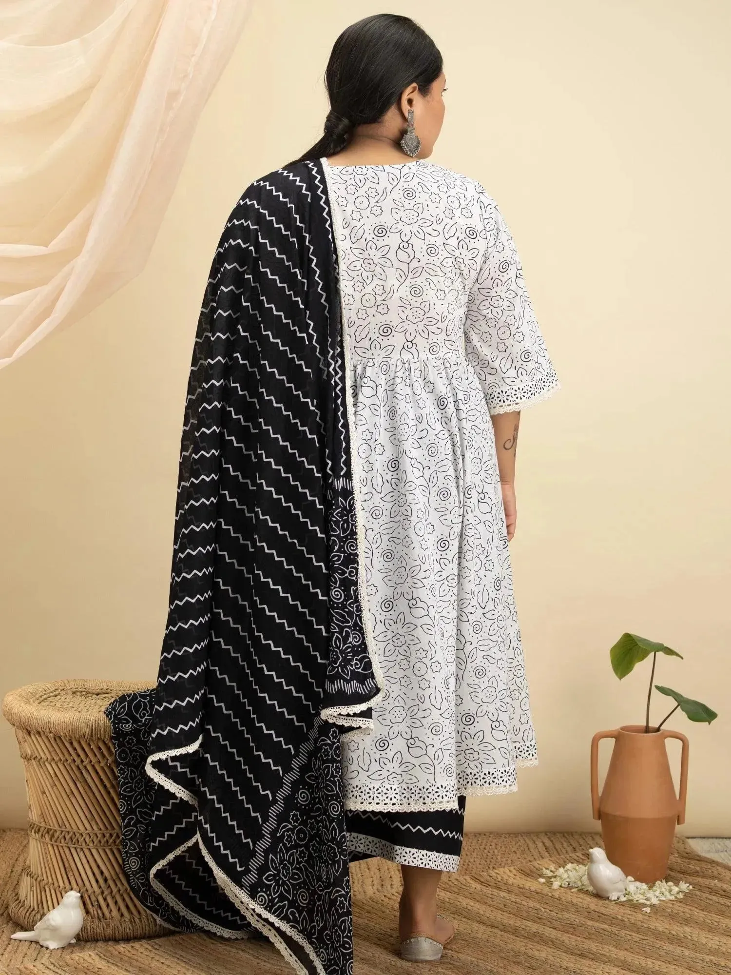 Plus Size Off-White Printed Cotton Anarkali Kurta With Palazzos & Dupatta