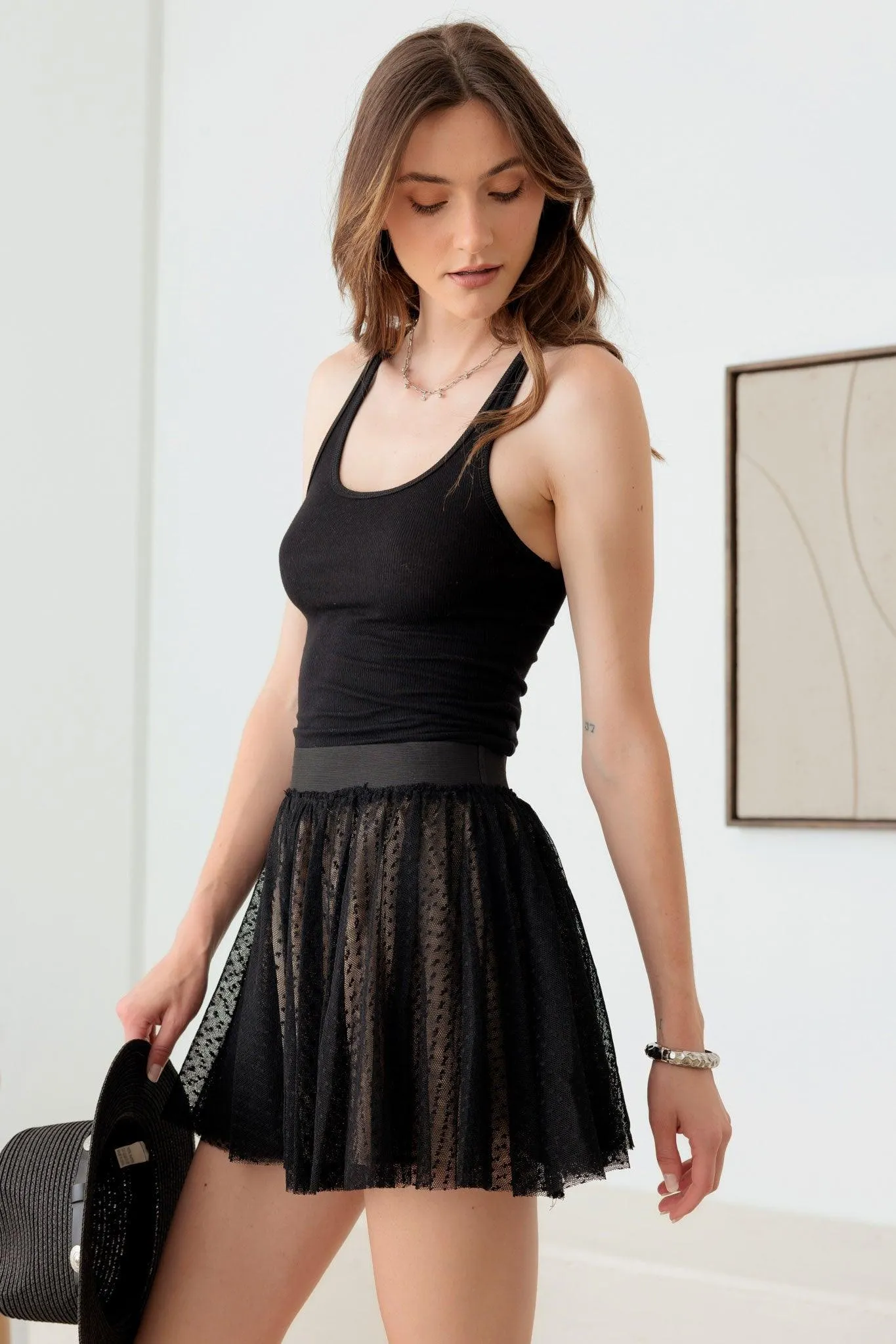 Sheer Pin Dot Elastic Waist Skirt