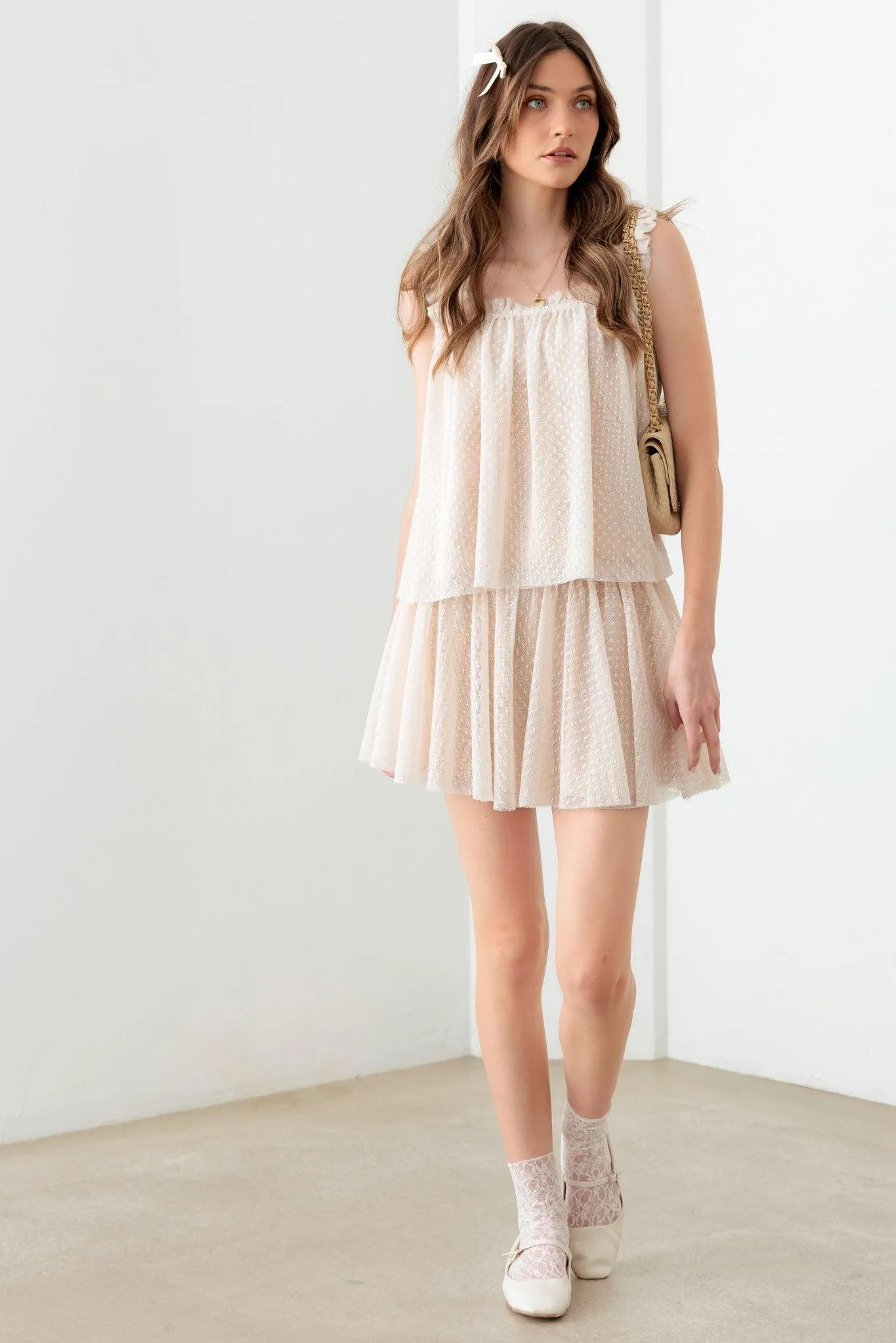 Sheer Pin Dot Tank Top & Elastic Waist Skirt Set