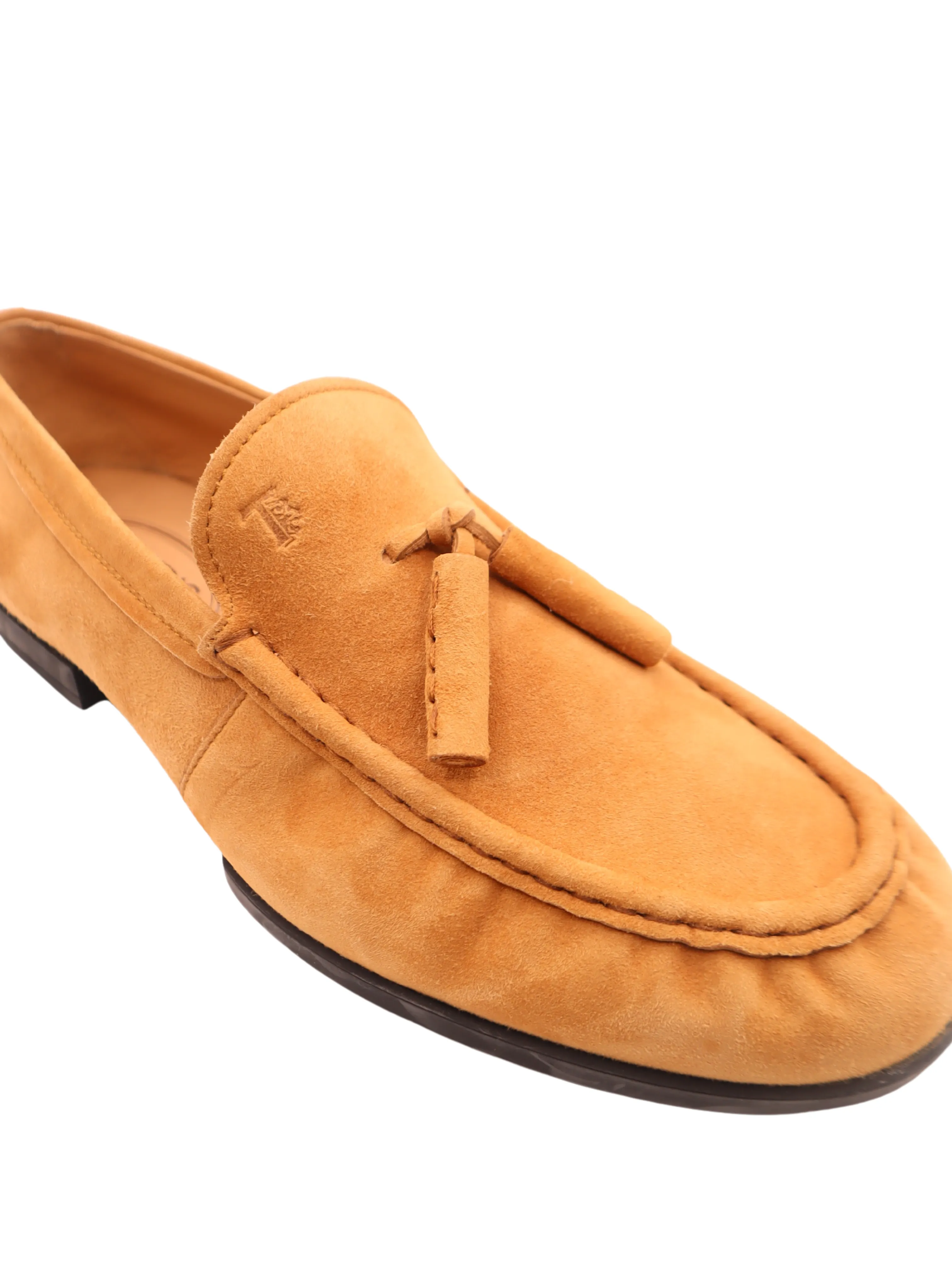 Tods Mens Nappina Gomma Orange Beige Suede Ruched Tassled Loafer