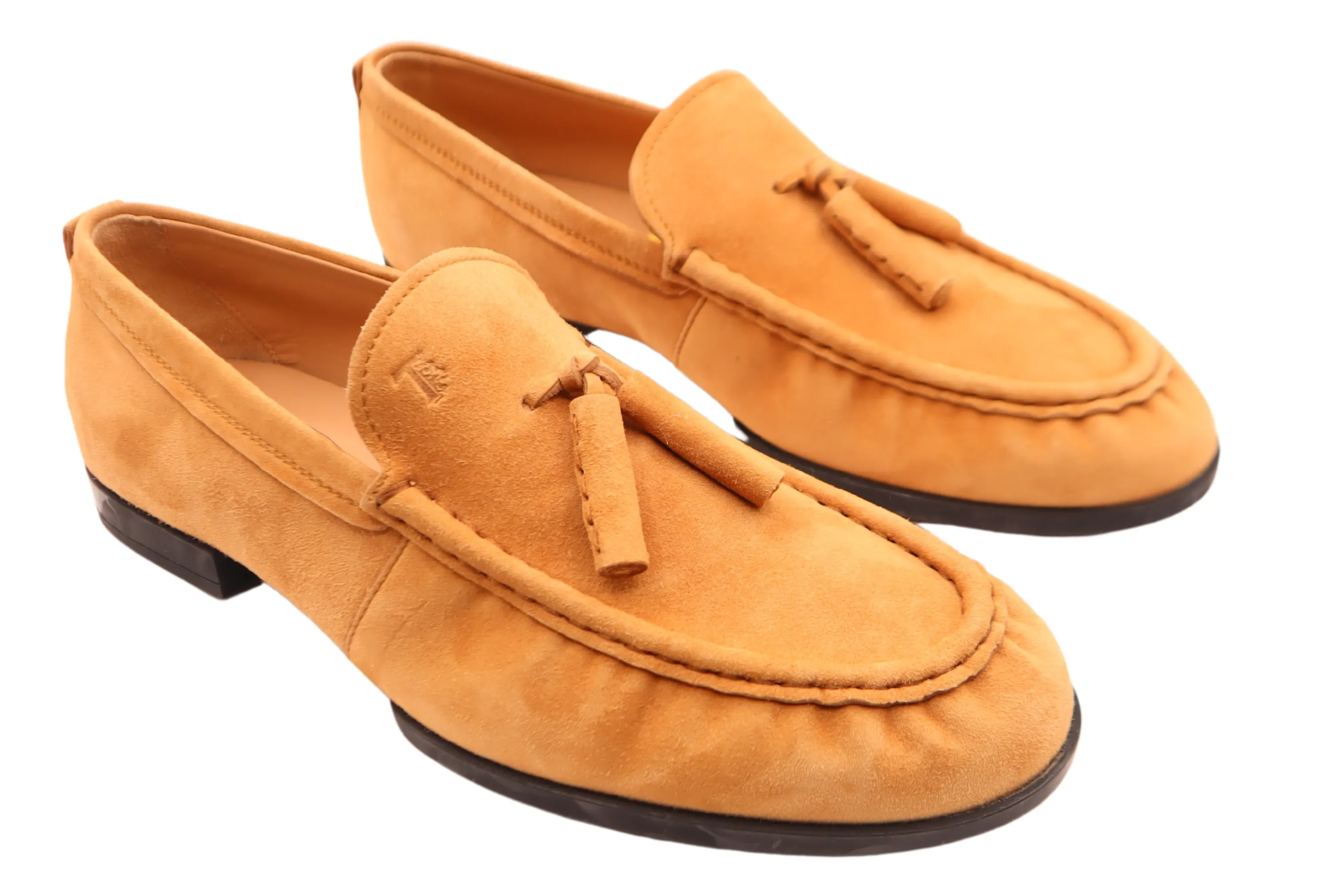 Tods Mens Nappina Gomma Orange Beige Suede Ruched Tassled Loafer