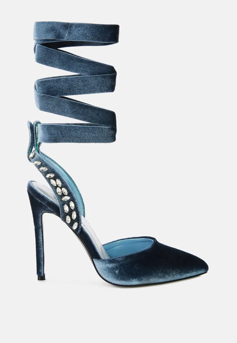 Wallis Blue Velvet Diamante Stud Tie Up Heels