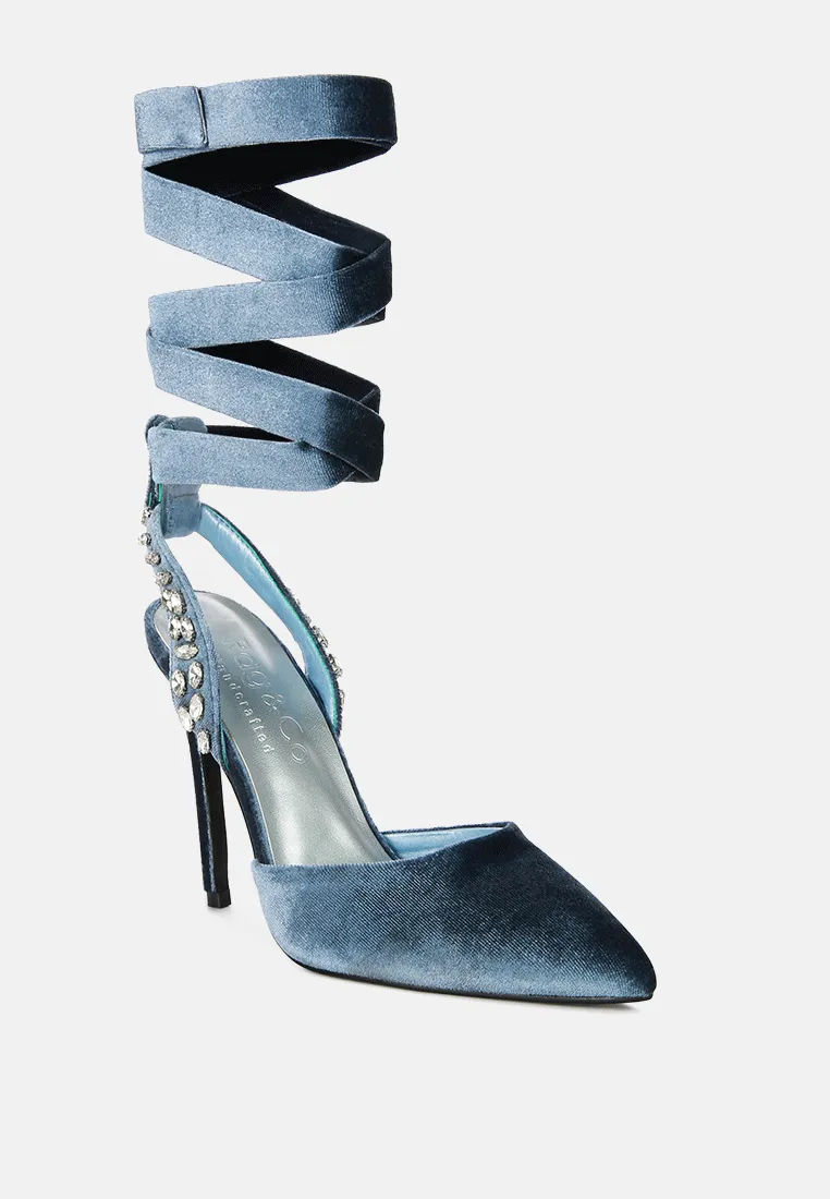 Wallis Blue Velvet Diamante Stud Tie Up Heels