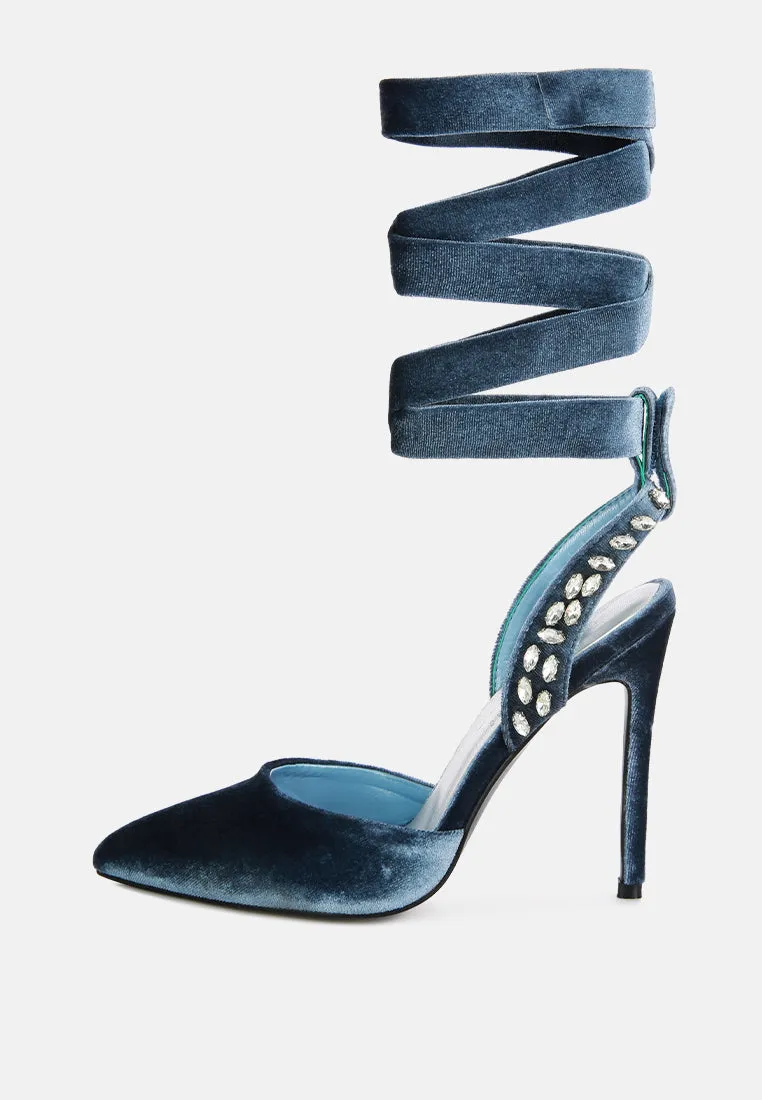 Wallis Blue Velvet Diamante Stud Tie Up Heels