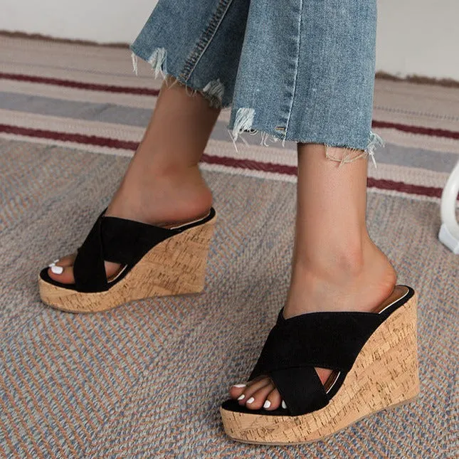 Women peep toe criss cross thick sole high heel slide wedge sandals