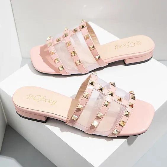 Women square toe studded strap slide sandals