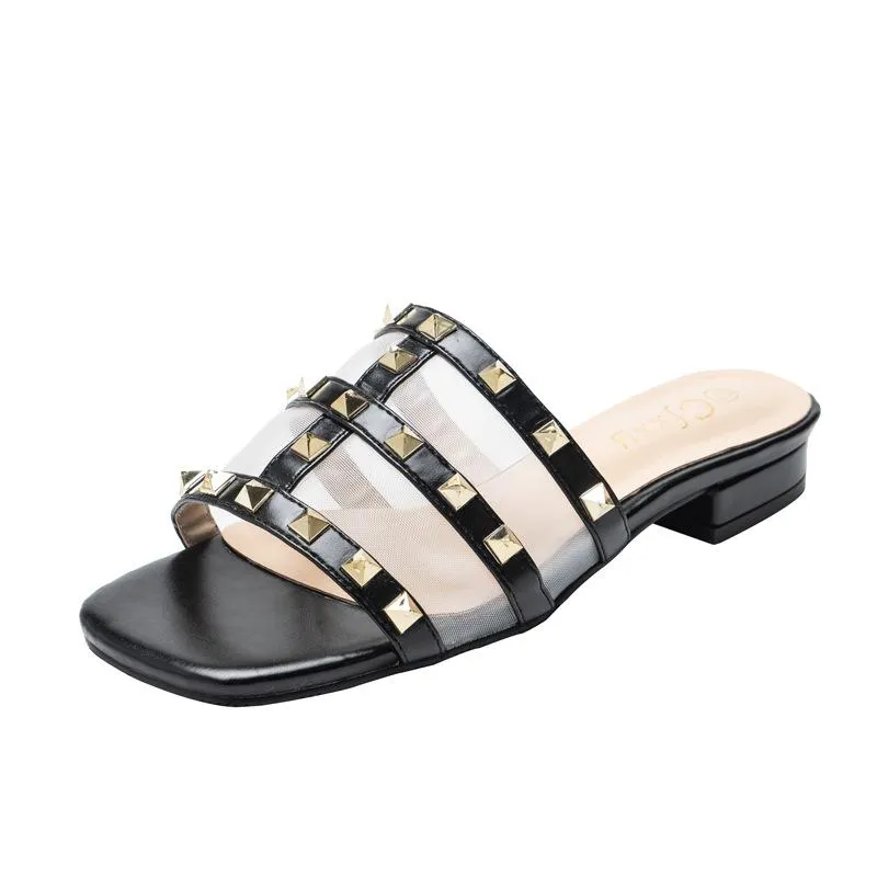 Women square toe studded strap slide sandals