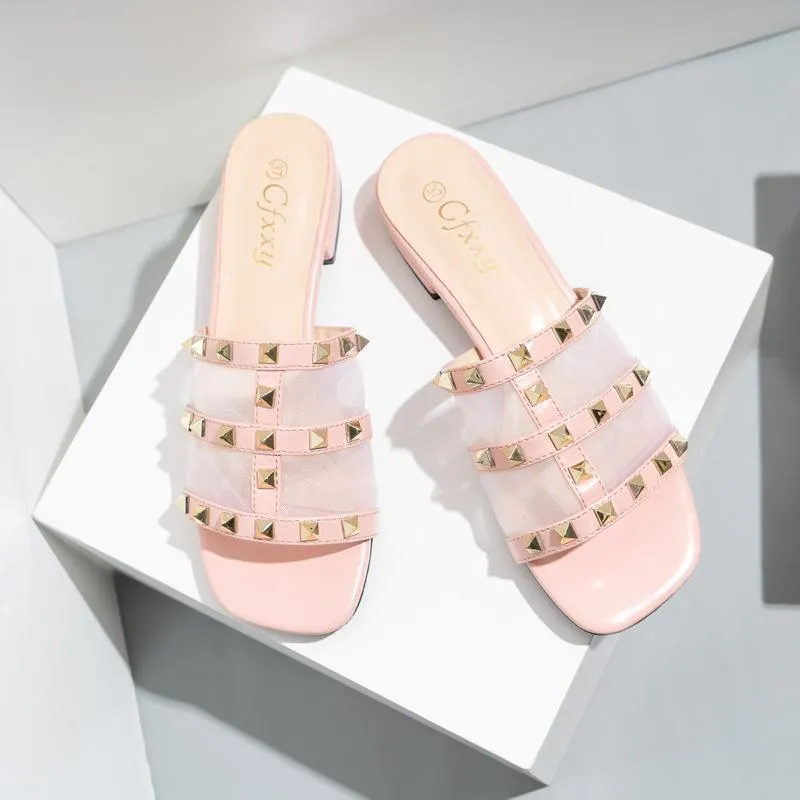 Women square toe studded strap slide sandals