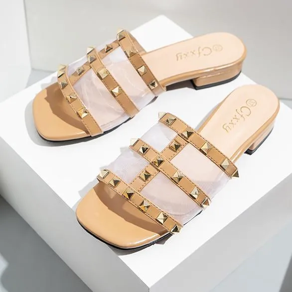 Women square toe studded strap slide sandals