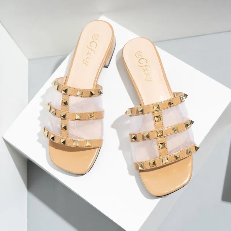 Women square toe studded strap slide sandals