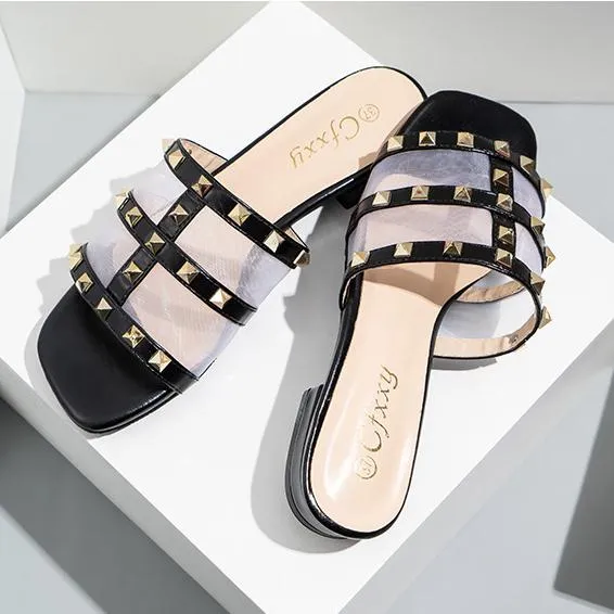 Women square toe studded strap slide sandals