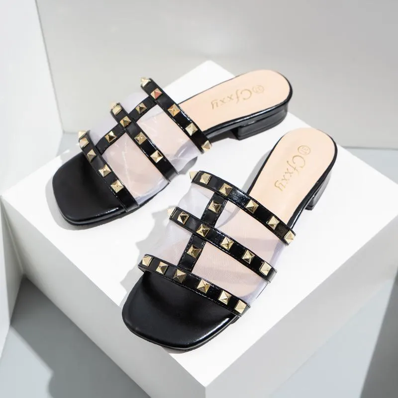 Women square toe studded strap slide sandals