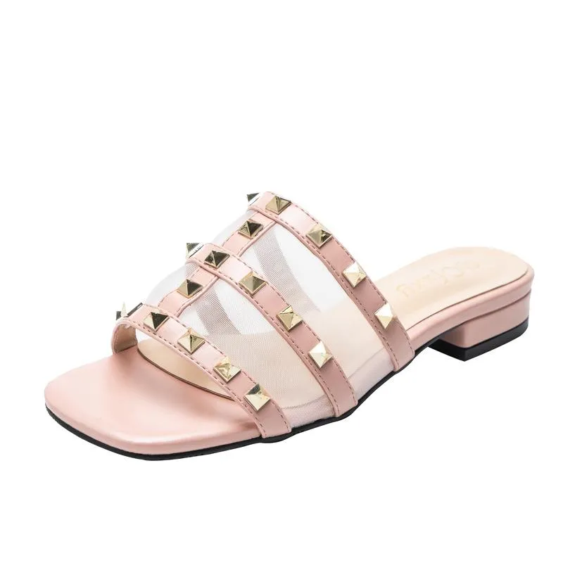 Women square toe studded strap slide sandals