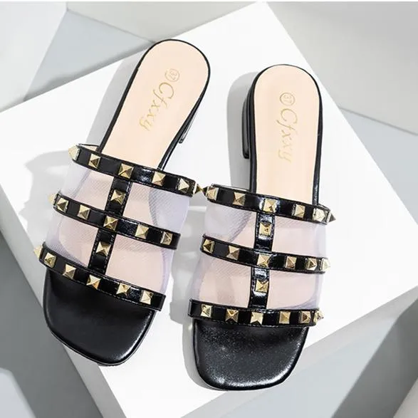 Women square toe studded strap slide sandals