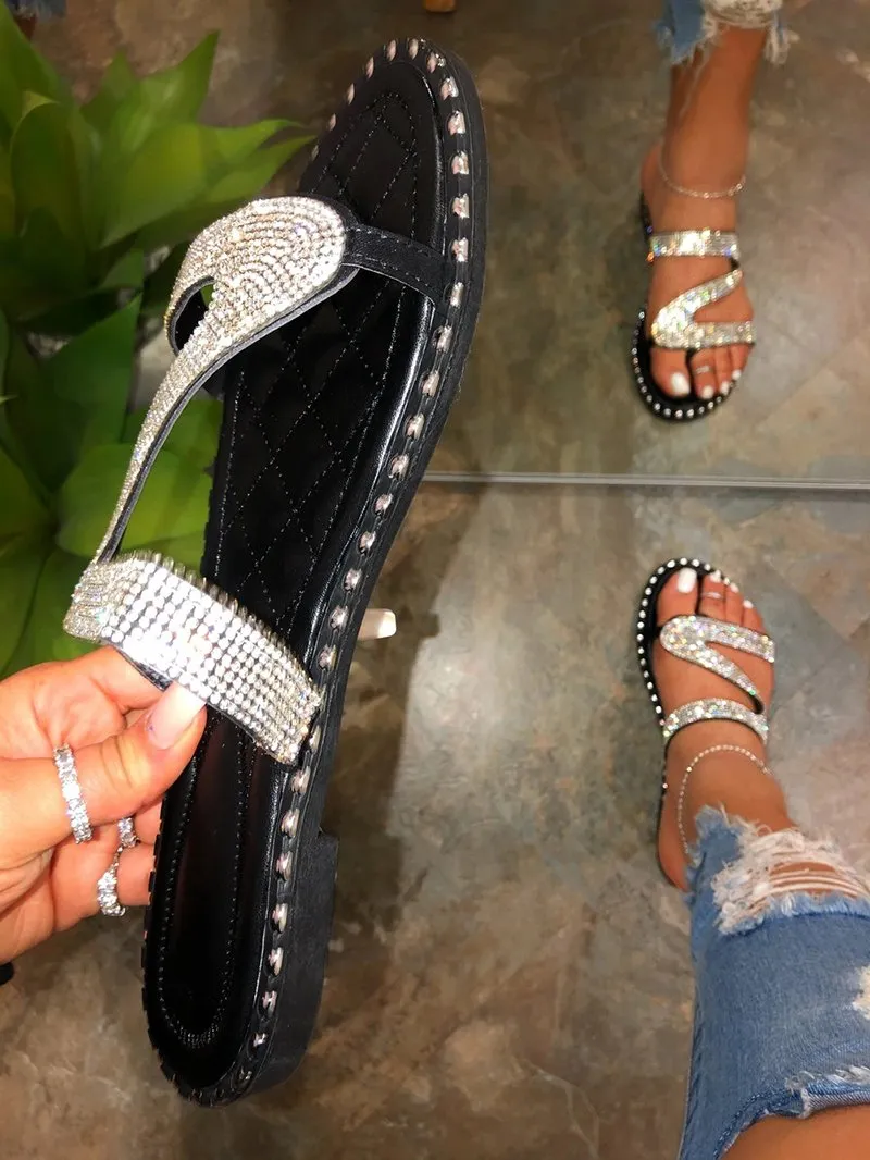 Women Summer Slip On Studded Rhinestone Silver Sandals