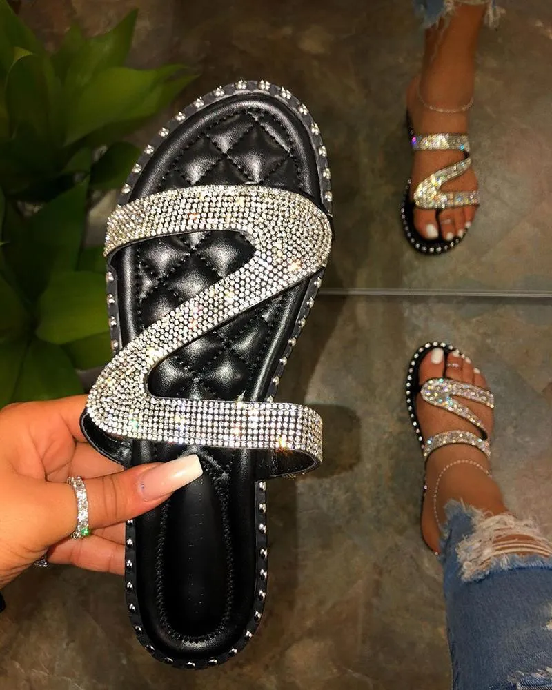 Women Summer Slip On Studded Rhinestone Silver Sandals