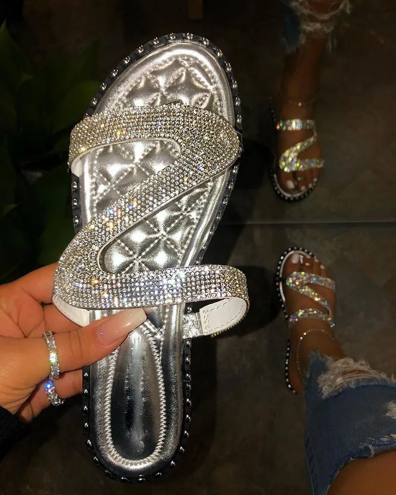 Women Summer Slip On Studded Rhinestone Silver Sandals